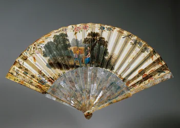 Handfächer mit Allegorien der vier Jahreszeiten, Ziegenlederblatt und Perlmuttstäbe