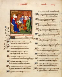 Harley 4431 Band II, f.259v Miniatur einer Frau, die moralische Sprichwörter liest, am Anfang der 