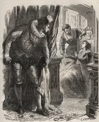 Henry (Henry) Stuart genannt Lord Darnley (1545-1567) überraschte seine Frau, Königin Maria (Mary) I. Stuart (1542-1587), mit ihrem Privatsekretär David Rizzio (gest. 1566). Gravur von 1871 in „Histoire Des Cocuses Celebres“ von Henry de Kock (1819-1892)