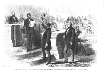 Hiram Revels, der erste Schwarze Senator des Bundesstaates Mississippi, wird im Kongress in Washington vereidigt