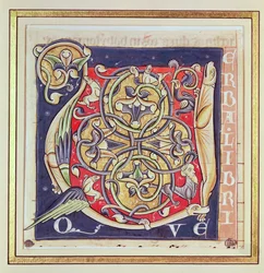 Historisierte Initiale U mit einem verschlungenen Muster und fantastischen Tieren, aus der Bibel von Saint-Andre aux-Bois