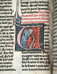 Historiierte Initiale, die einen Mann beim Erbrechen zeigt (Pergament)