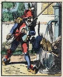 Geschichte von Dr. Pulcinella (Polichinelle). Holzstich von Imaging Pellerin - Epinal, späte 19. Jahrhundert.