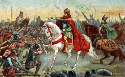 Geschichte Galliens im Mittelalter: Germanische Sachsen knien vor König Karl dem Großen (742-814), der die Kriege gewonnen hat. Chromolithographie des späten 19. Jahrhunderts.