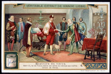 Geschichte des Glases: Heinrich III. (1551-1589) König von Frankreich verleiht den Meisterglasbläsern von Venedig Adelsbriefe. Späte 19. Jahrhundert Liebig Chromolithografie.