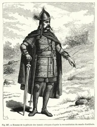 Mann aus der Zeit der keltischen Hügelgräber nach der Rekonstruktion des Artilleriemuseums (Gravur)