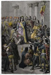 Hugo Capet zum König gewählt - Krönung Hugo Capets (ca. 941-996), König von Frankreich, am 3. Juli 987 in Noyon durch Adalbero (ca. 925-990), Erzbischof von Reims.