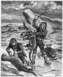 Otterjäger in Alaska - Jäger der Alaska-Otter im Jahr 1888 - Gravur im „Journal des Voyages“ 1888