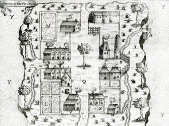Île Ste. Croix, die früheste französische Siedlung in Akadien, 1604, aus den Reisen von Samuel de Champlain, 1613