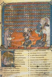 Illuminierte Seite aus einer Anthologie, von links nach rechts: Adenet le Roi, ein Minnesänger von Herzog Heinrich; Graf Guy von Flandern; Marie, Königin von Frankreich und Ehefrau von Philipp dem Kühnen; und Mada