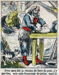 Illustration für das Buch von Daniel Defoe „Robinson Crusoe“. Epinal-Bild aus dem späten 19. Jahrhundert