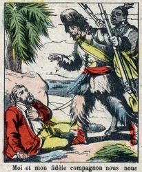 Illustration für das Buch von Daniel Defoe „Robinson Crusoe“. Epinal Imaging aus dem späten 19. Jahrhundert.