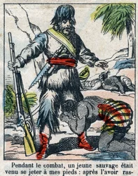 Illustration für das Buch von Daniel Defoe „Robinson Crusoe“. Epinal Imaging aus dem späten 19. Jahrhundert.