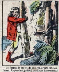 Illustration für das Buch von Daniel Defoe „Robinson Crusoe“. Epinal-Bild aus dem späten 19. Jahrhundert.