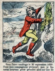Illustration für das Buch von Daniel Defoe "Robinson Crusoe". Epinal-Bildgebung Ende des 19. Jahrhunderts.