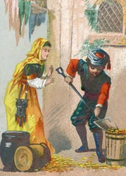 Illustration für die Geschichten aus Tausendundeiner Nacht. Ali-Baba (Ali Baba) belädt seine goldenen Esel und kehrt nach Hause zurück. Chromolithographie um 1890