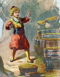 Illustration zu den Geschichten aus Tausendundeiner Nacht. Ali Baba betritt den Felsen und sagt: Sesam öffne dich und sieht Goldfässer. Chromolithographie um 1890.