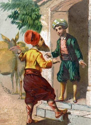 Illustration für die Geschichten aus Tausendundeiner Nacht. Der Kapitän, als Ölverkäufer verkleidet und gefolgt von 19 Maultieren, die jeweils zwei große Vasen tragen, bittet um die Gastfreundschaft von Ali-Baba (Ali Baba). Chromolithographie um 1890