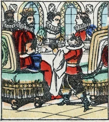 Illustration zu Charles Perraults Märchen „Der gestiefelte Kater“. Holzstich von Imaging Pellerin - Epinal, sp. 19. Jahrhundert.