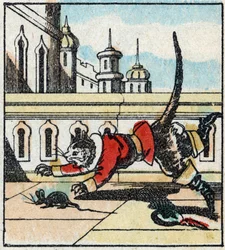 Illustration des Märchens „Der gestiefelte Kater“ von Charles Perrault. Holzstich aus Imaging Pellerin - Epinal, sp. 19. Jahrhundert.