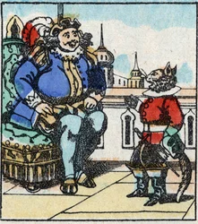 Illustration des Märchens „Der gestiefelte Kater“ von Charles Perrault. Holzstich von Imaging Pellerin - Epinal, Ende des 19. Jahrhunderts
