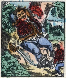 Illustration der Geschichte „Der kleine Däumling“ von Charles Perrault. Holzstich von Imaging Pellerin - Epinal, späte 19. Jahrhundert.