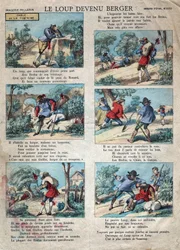 Illustration der Fabel von Jean de La Fontaine (1621-1695): Der Wolf wurde ein Schäfer. Epinal-Bild Ende des 19. Jahrhunderts.