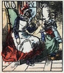 Illustration des Märchens „Raminagrobis und die Mäuse“ Holzgravur von Imaging Pellerin - Epinal, sp. 19. Jahrhundert.