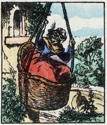 Illustration des Märchens „Raminagrobis und die Mäuse“. Holzgravur von Imagery Pellerin - Epinal, sp. 19. Jahrhundert.