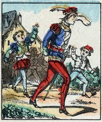 Illustration des Märchens „Die Abenteuer von Grand Flandrin“ Holzgravur von Imaging Pellerin - Epinal, sp. 19. Jahrhundert.