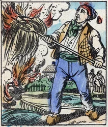 Illustration des Märchens „Die Gabel des Teufels“ Holzschnitt von Imagery Pellerin - Epinal, späte 19. Jahrhundert.