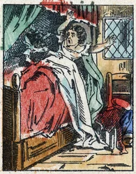 Illustration der Geschichte „Rotkäppchen“ von Charles Perrault. Holzstich aus Imaging Pellerin - Epinal, sp. 19. Jahrhundert.