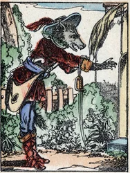 Illustration des Märchens „Der Wolf, die Ziege und die sieben Geißlein“. Holzstich von Imaging Pellerin - Epinal, sp. 19. Jahrhundert.