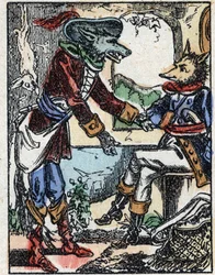 Illustration des Märchens „Der Wolf, die Ziege und die sieben Geißlein“. Holzstich von Imaging Pellerin - Epinal, sp. 19. Jahrhundert.