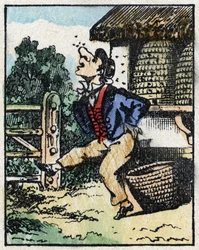 Illustration des Märchens „Wahrhaftige Geschichte von Jeannot Serinet“ Holzschnitt von Imagery Pellerin - Epinal, späte 19. Jahrhundert.