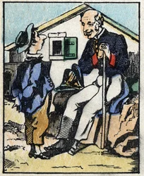 Illustration der Geschichte „Wahre Geschichte von Jeannot Serinet“. Holzschnitt von Imagery Pellerin - Epinal, sp. Ende des 19. Jahrhunderts.