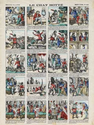 Bilder von Epinal de la Maison Pellerin - ca. 1913 - Illustration des Märchens „Der gestiefelte Kater“ von Charles Perrault