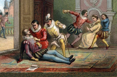 Im Jahr 1589 ermordete der Mönch Jacques Clément König Heinrich III. mit einem Dolchstoß, nachdem er ihn einen Brief hatte lesen lassen. Der König starb in den Armen Heinrichs von Navarra. Chromolithografie um 1890.