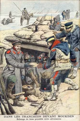 In den Schützengräben vor Mukden, Russisch-Japanischer Krieg. Japanische und russische Truppen tauschen Essen und Trinken aus. Illustration für Le Petit Journal, 22. Januar 1905
