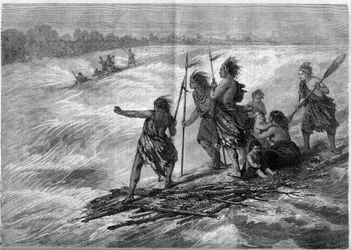 Indianer Kanadas, die auf zusammengebundenen Baumzweigen stehen und die Long Sault Rapids am Sankt-Lorenz-Strom hinunterfahren