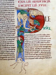 Initiale P (Lettrine): Hefe Teufelsmund der Hölle. Miniatur aus dem Manuskript „Moralia in Job“, Morales sur Job von Saint Gregoire, aus der Abtei Citeaux