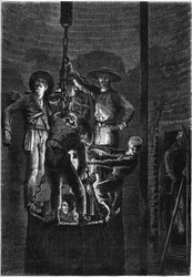 Innenansicht eines Kohlebergwerks: Aufstieg des Müllcontainers. 1861. Gravur in „Le Monde Illustré“ Nr. 238 vom 2. November