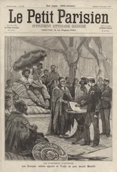 Italienische Gesandte unterzeichnen den Friedensvertrag zur Beendigung des Ersten Italienisch-Äthiopischen Krieges vor Kaiser Menelik II. von Äthiopien