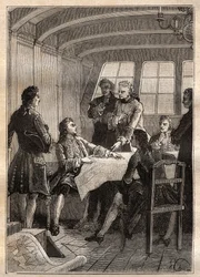 Jakob (Jacob) Roggeveen (1659-1729), niederländischer Entdecker während seiner Reise zum Pazifischen Ozean im Jahr 1722 - Illustration aus „Die großen Seefahrer des 18. Jahrhunderts“