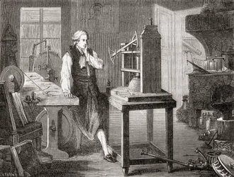 James Watt in seiner Werkstatt in Glasgow, verbessert die Newcomen-Dampfmaschine von Thomas Newcomen aus dem Jahr 1712 mit seiner Watt-Dampfmaschine im Jahr 1781, aus Les Merveilles de la Science, veröffentlicht 1870.