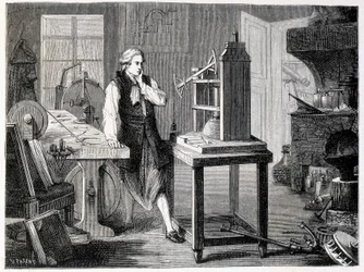 James Watt studiert die Perfektionierung von Newcomens Maschine (1767) - in „Album der Wissenschaft; berühmte Gelehrte; Große Entdeckungen“ 1896