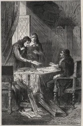 Jean Chapelain (1595-1674) französischer Dichter und Literaturkritiker und Pierre Costar (1603-1660) übergaben Jean Baptiste Colbert (1619-1683) eine Liste von Schriftstellern, die vom König Pensionen erhalten sollten - Gravur in „Les Hommes Celebres de la
