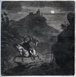 Jean de Laval Comte de Chateaubriant (1486-1543) floh nach England, nachdem er seine Frau Francoise de Foix, Gräfin von Chateaubriant (ca. 1495-1537), ermordet hatte. Gravur von 1871 in „Histoire Des Cocuses Celebres“ von Henry de Kock