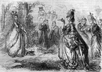 Jeanne Bécu, Gräfin (oder Madame) von Barry (1743-1793), Favoritin von Ludwig XV. im Pavillon von Lucienne. Gravur in „Geschichte der Päpste-Könige-Königinnen-und-Kaiser durch die Jahrhunderte“ von Maurice Lachatre