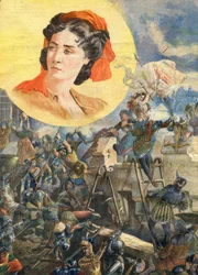 Jeanne Laisne (1456-?), bekannt als Jeanne Fourquet, Spitzname Jeanne Hachette Französische Heldin - Jeanne Hachette bei der Belagerung von Beauvais 1472 - Illustration für Le Petit Journal, 8. Januar 1894.